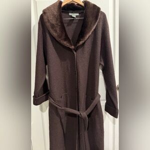 Elegant Brown Cardigan Coatigan 100% Wool w Removable Faux Fur Collar pockets